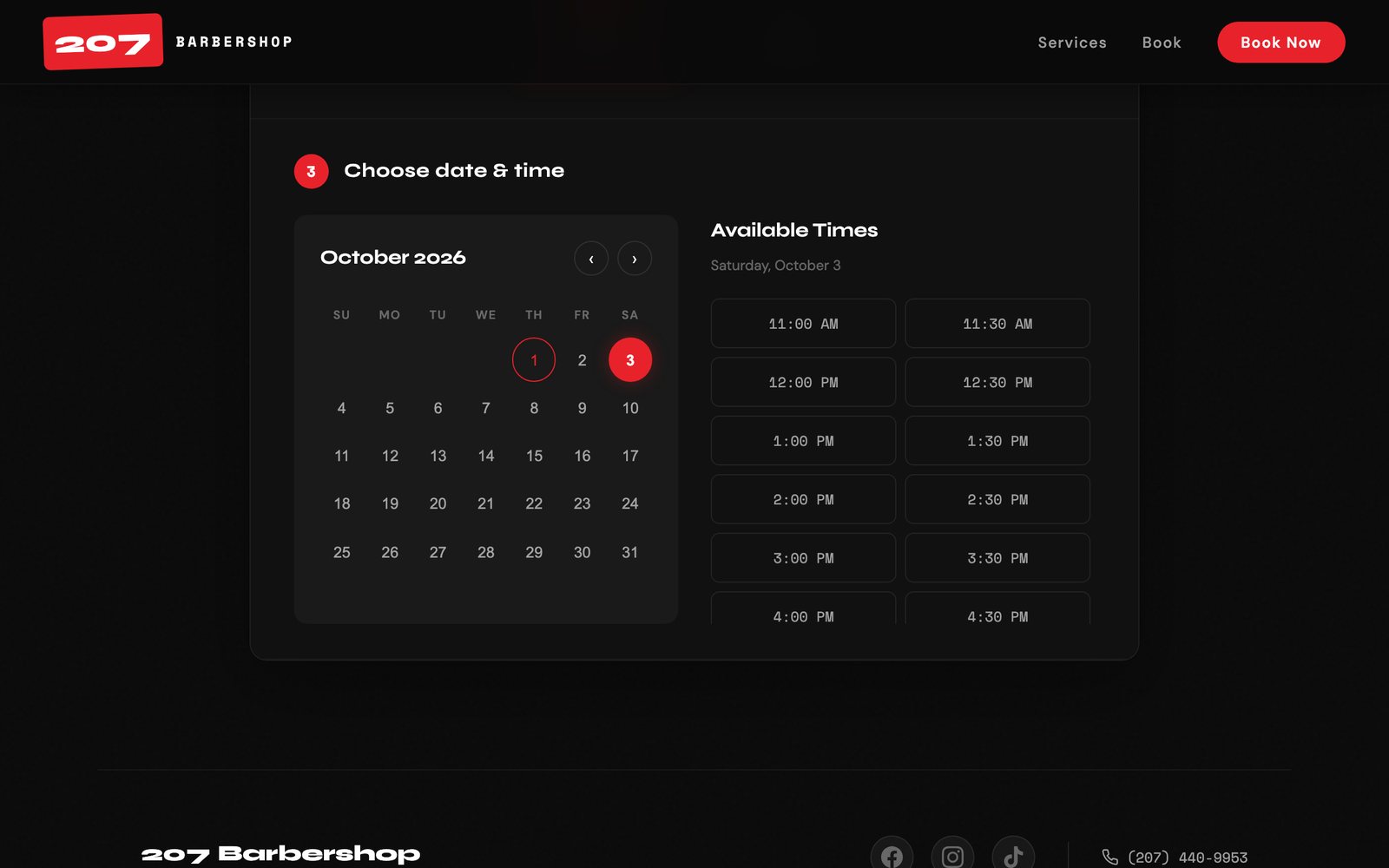 207 Barbershop website on desktop: Live times