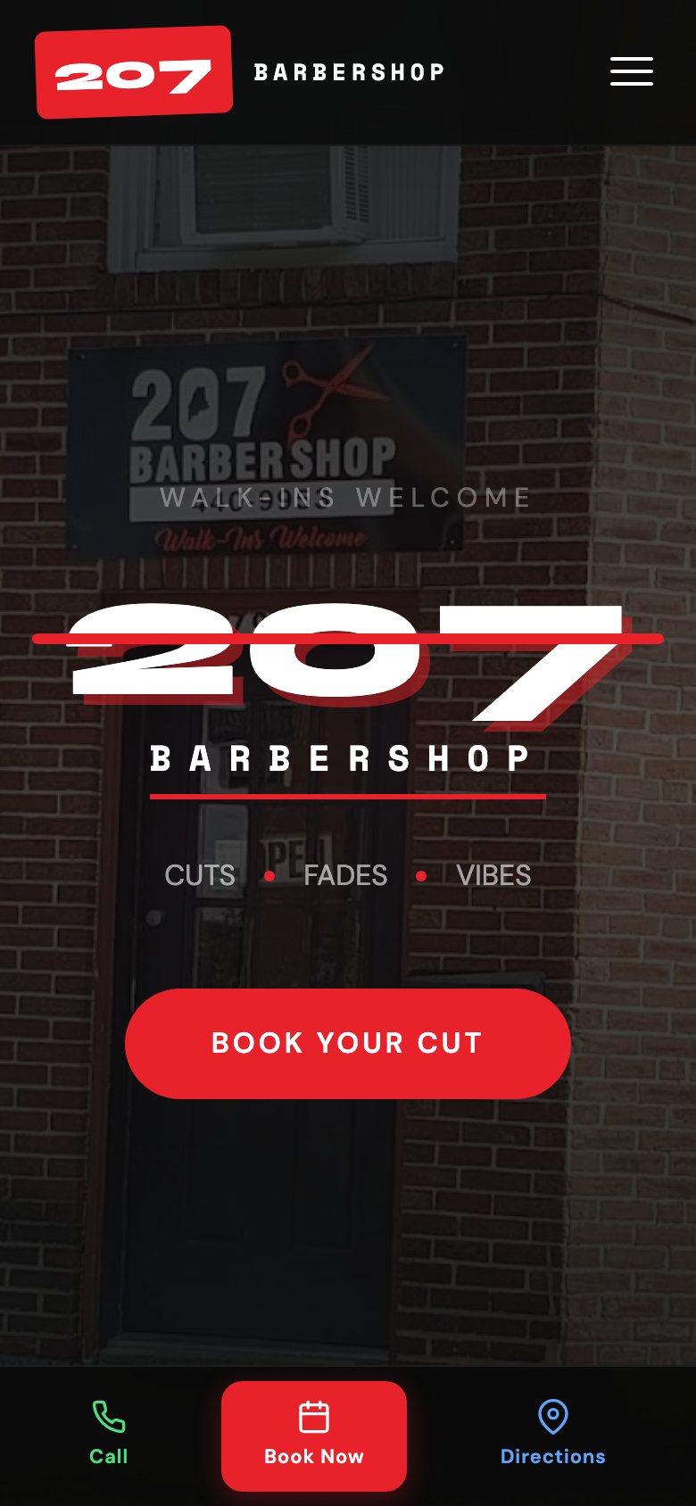 207 Barbershop website on a phone: Hero