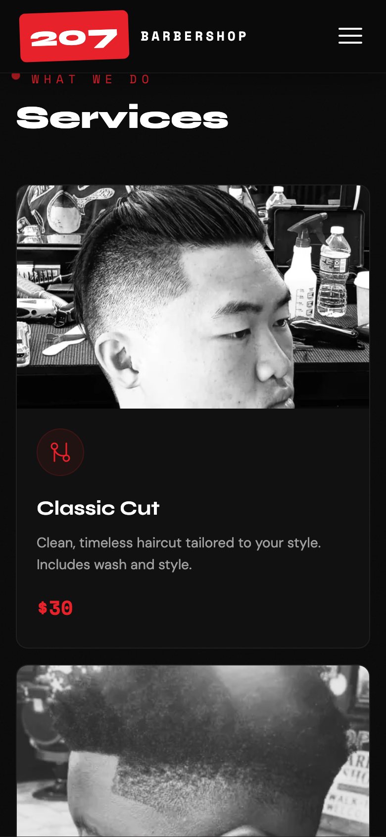 207 Barbershop website on a phone: Services
