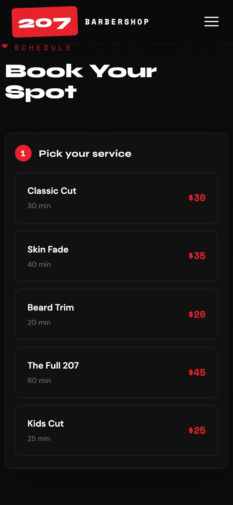 207 Barbershop booking: pick a service