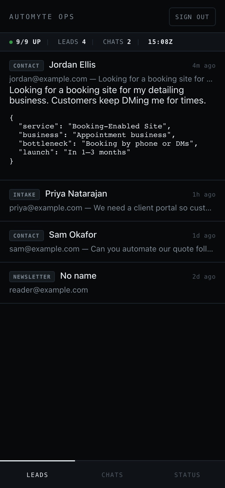 Automyte Ops on a phone: A lead opened