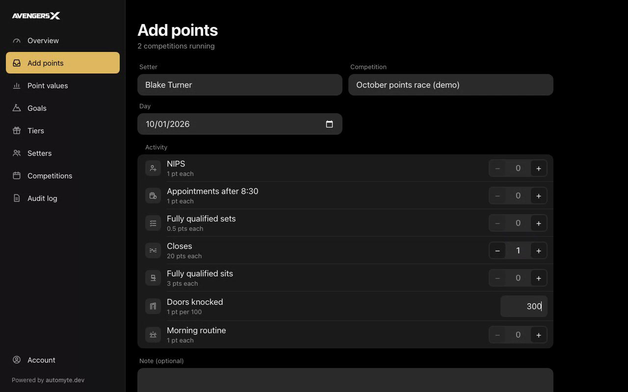 Avengers X owner portal, Add points screen, demo data