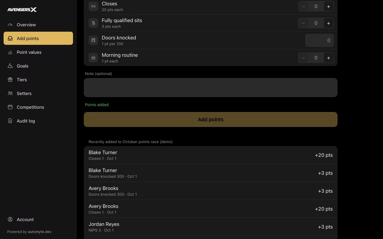 Avengers X owner portal, Approved instantly screen, demo data