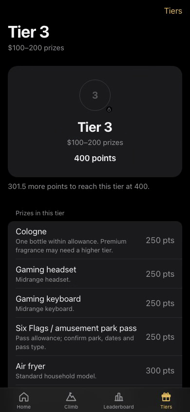 Avengers X setter app, Tier detail screen, demo data