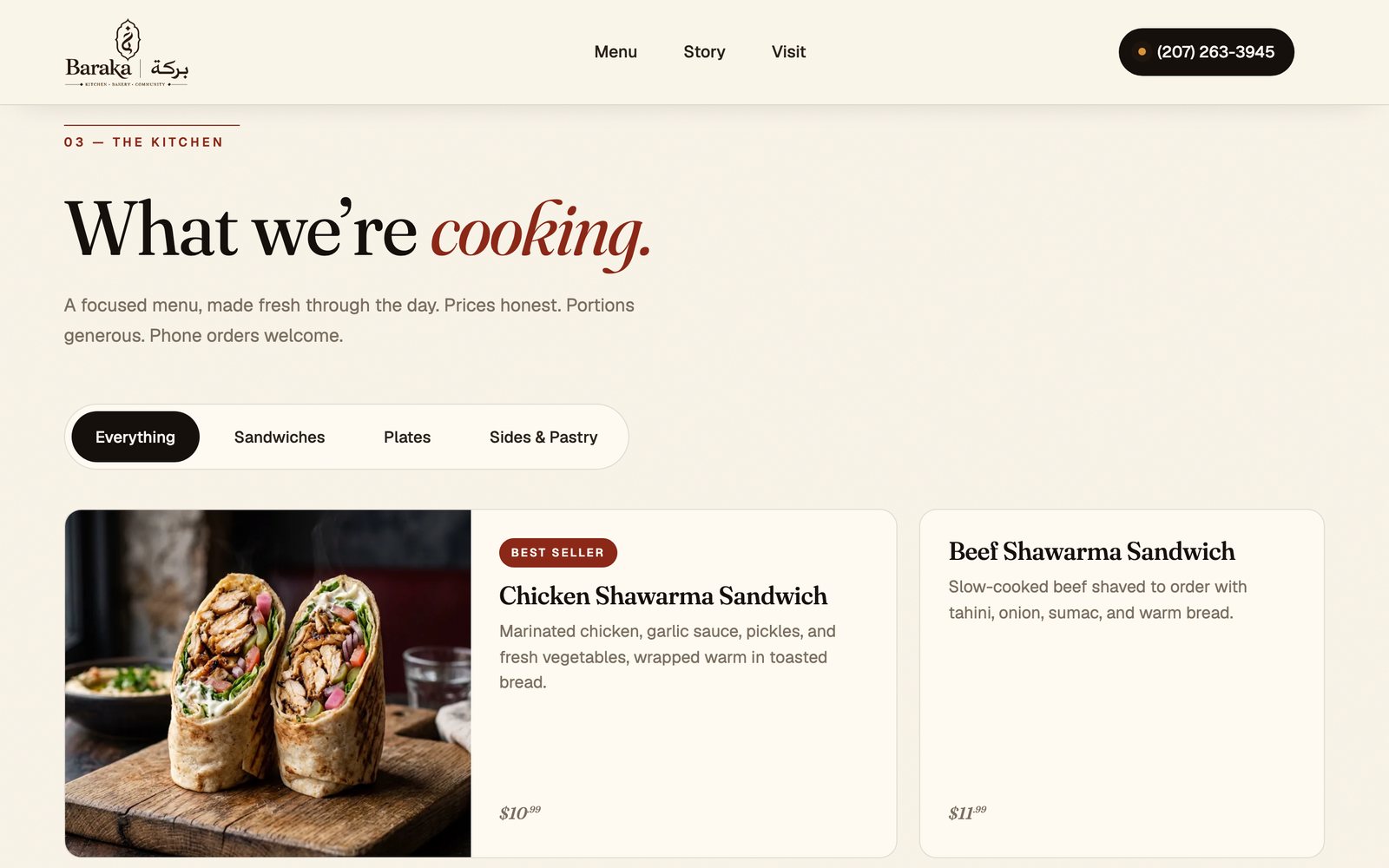 Baraka Restaurant website on desktop: The menu