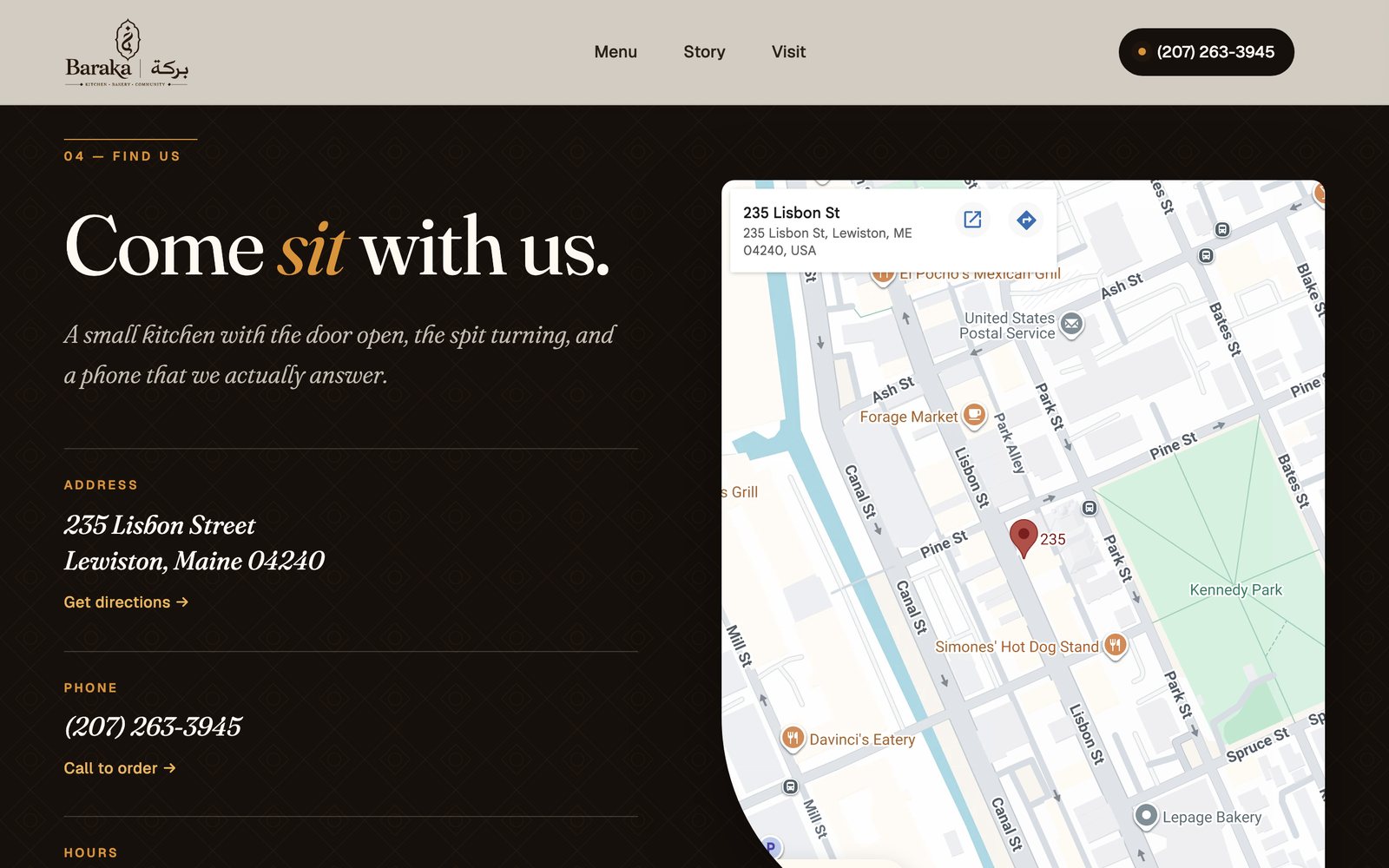 Baraka Restaurant website on desktop: Visit