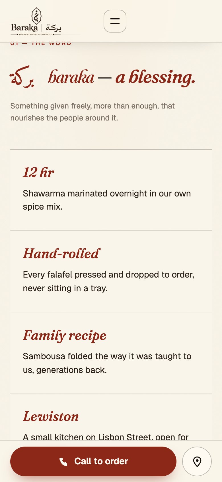Baraka Restaurant website on a phone: The word