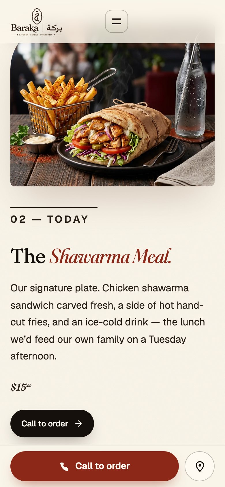 Baraka Restaurant website on a phone: Today