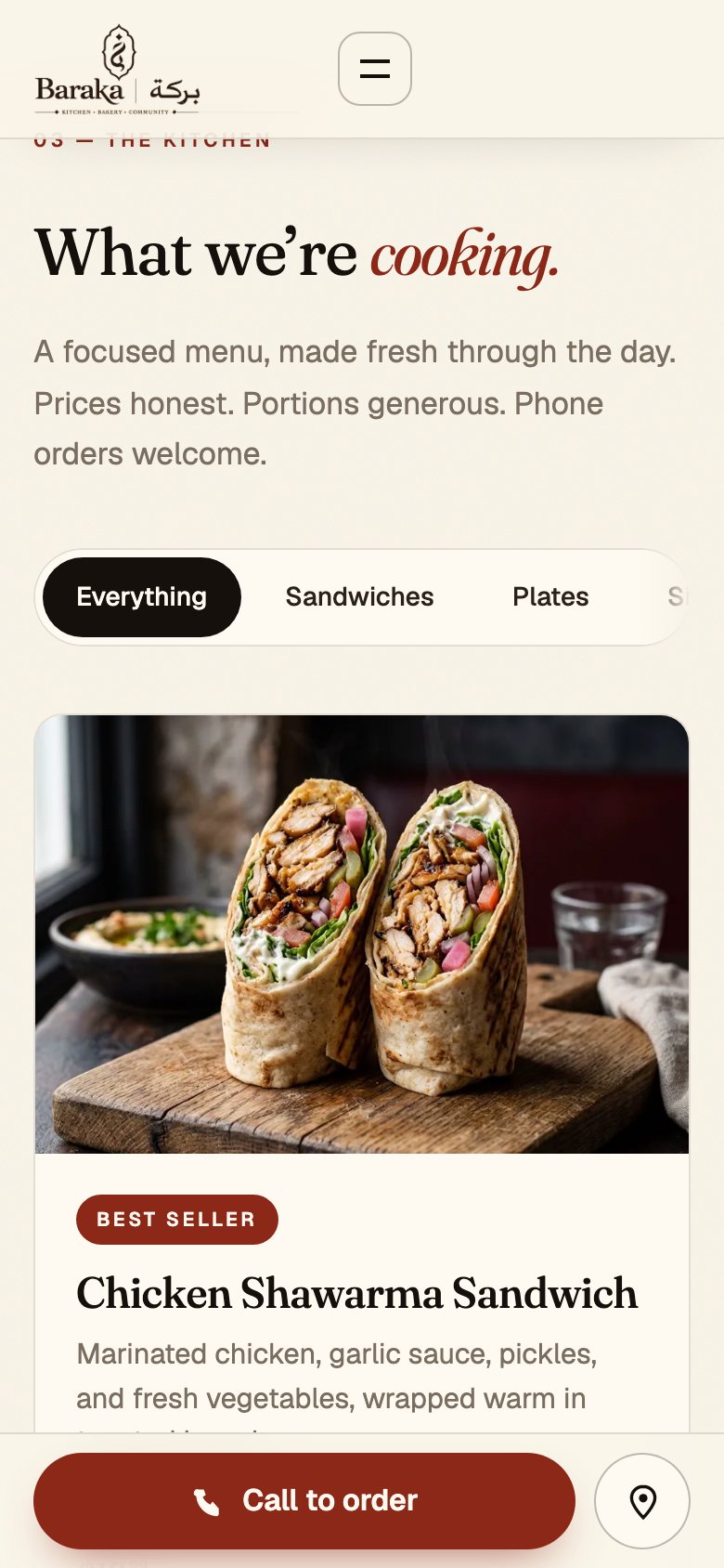 Baraka menu on a phone