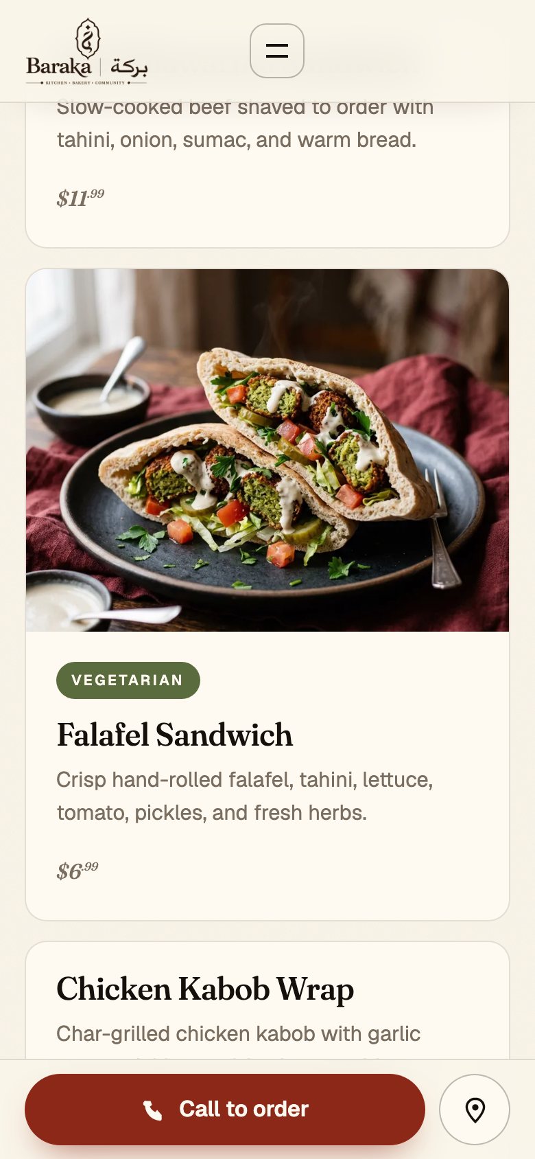 Baraka Restaurant website on a phone: Menu items