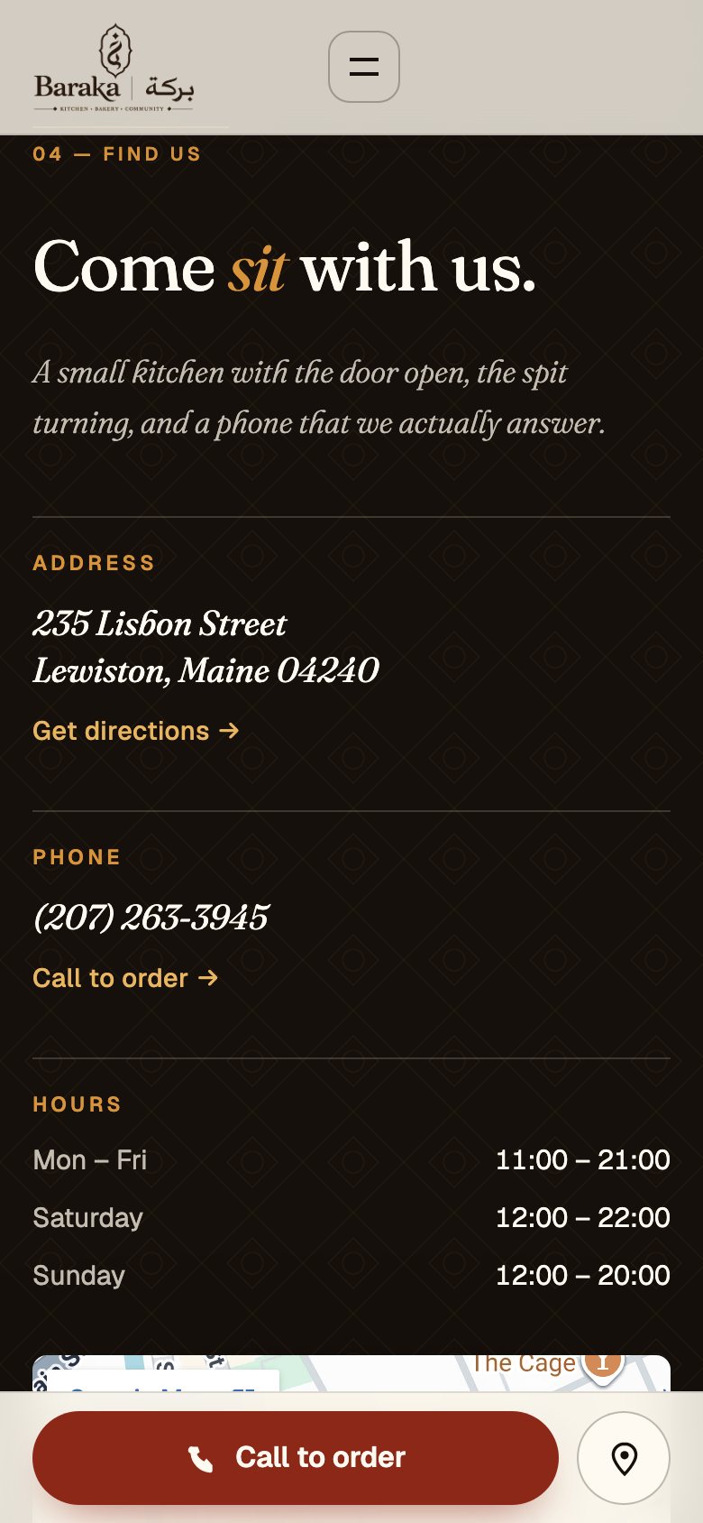 Baraka Restaurant website on a phone: Find us