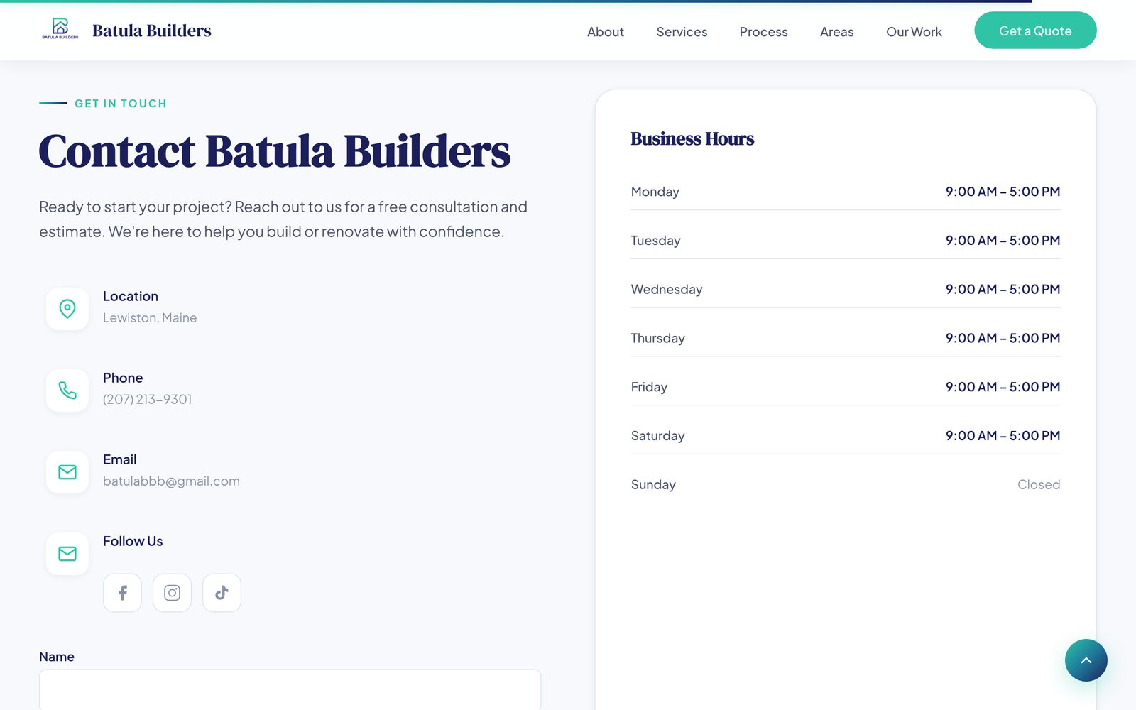 Batula Builders website on desktop: Contact
