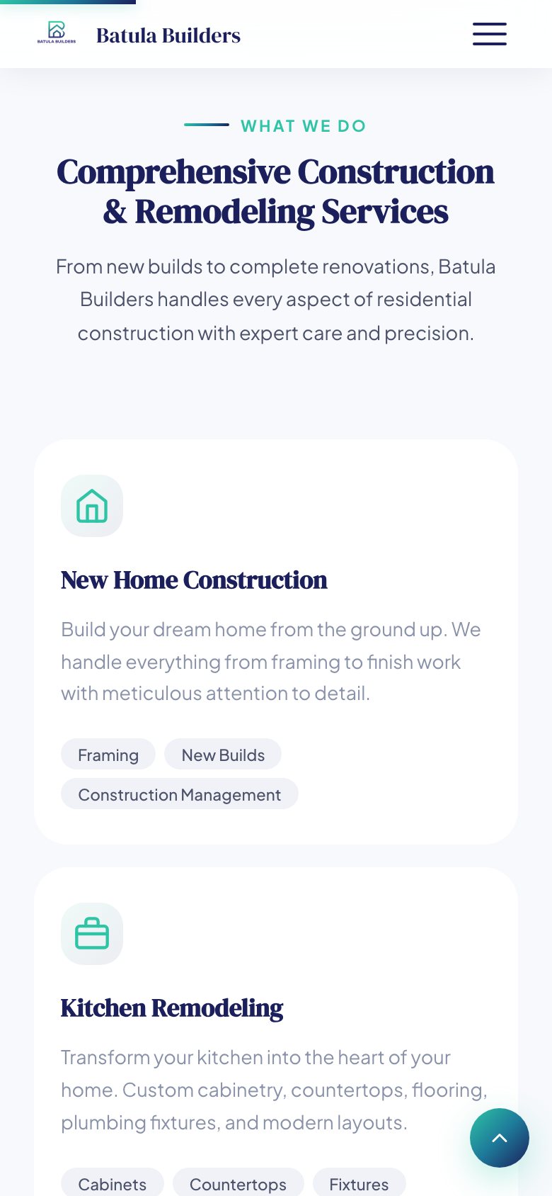 Batula Builders website on a phone: Services
