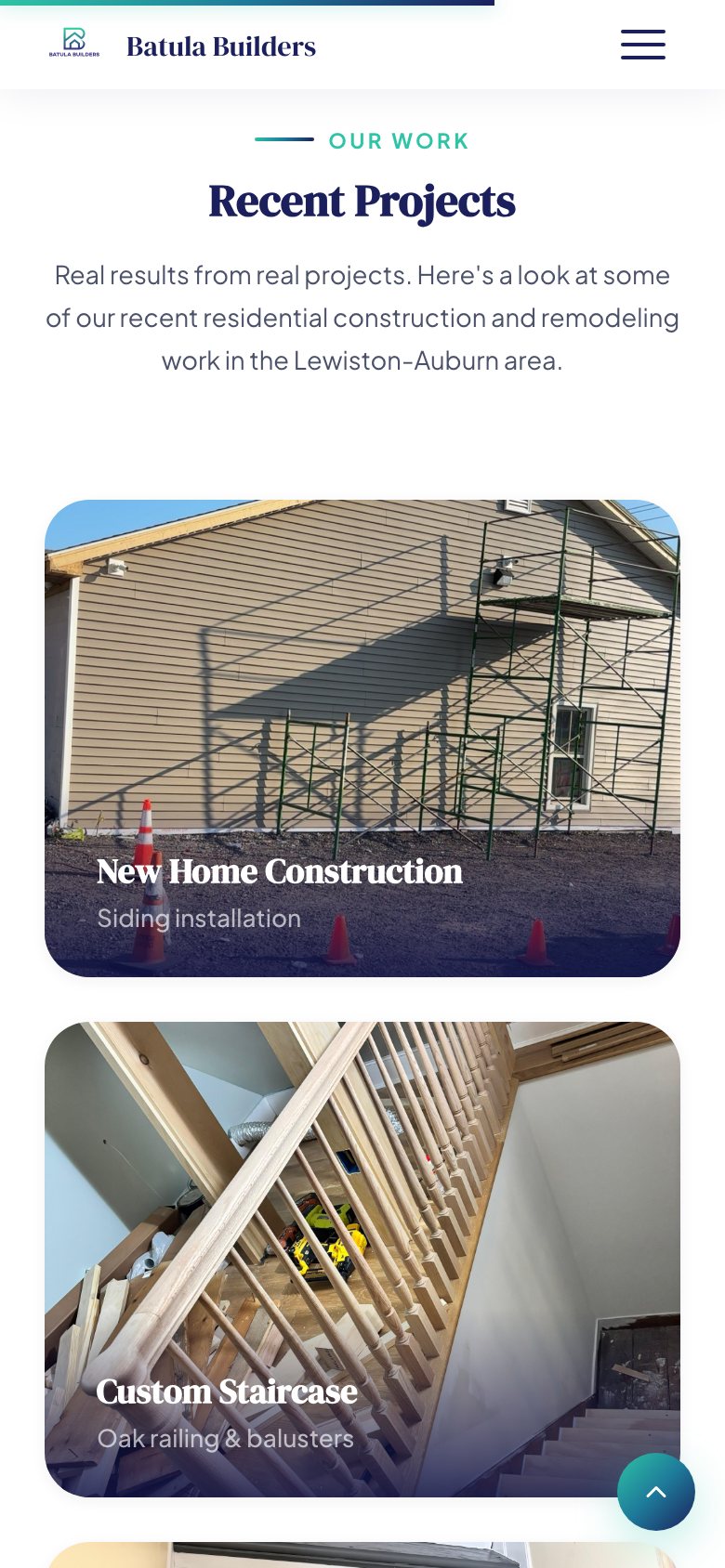 Batula Builders website on a phone: Recent projects