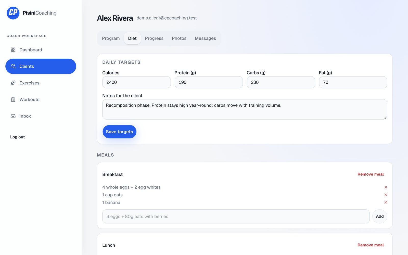 Christian Pisini Coaching admin portal, Diet plans screen, demo data