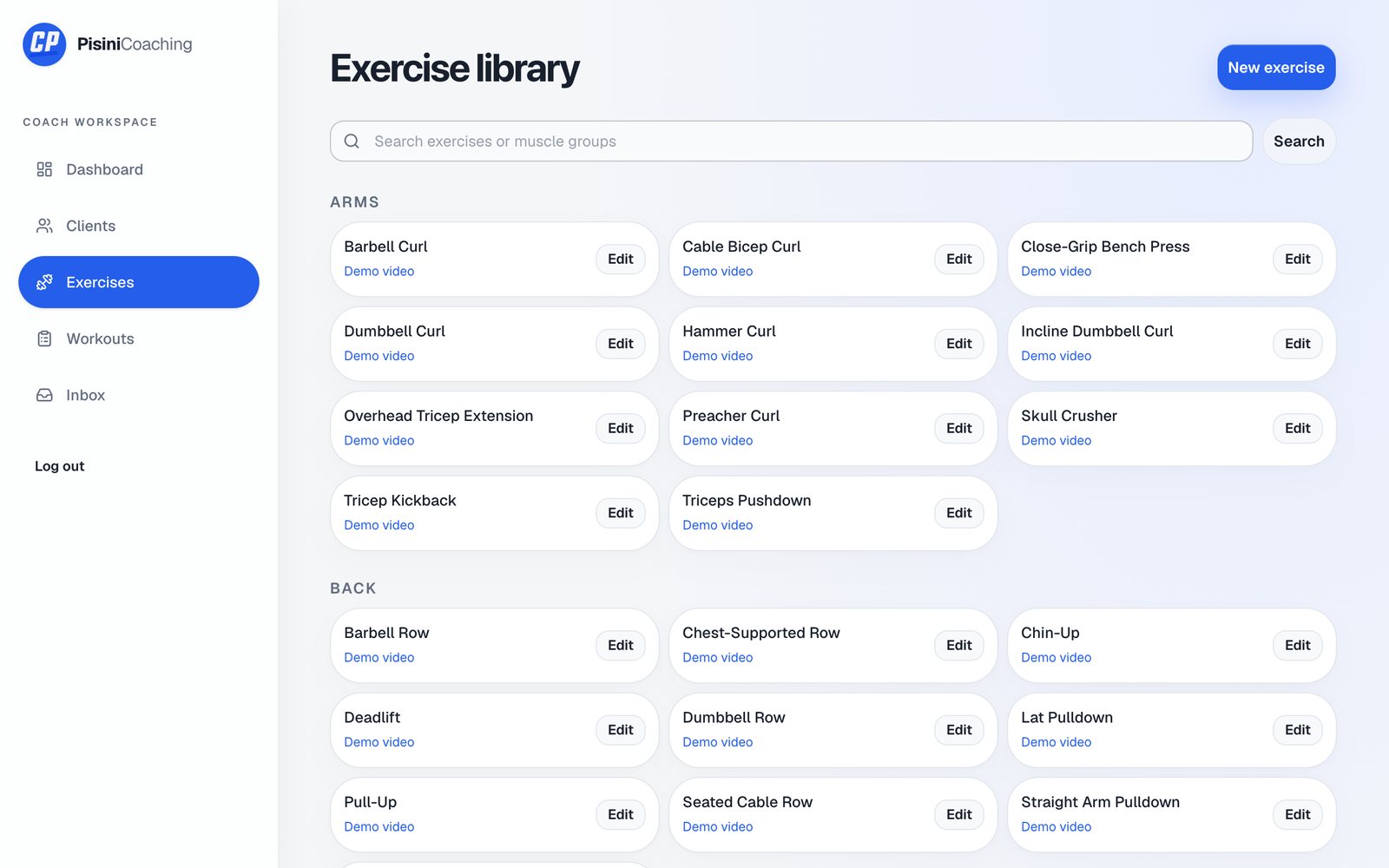 Christian Pisini Coaching admin portal, Exercise library screen, demo data
