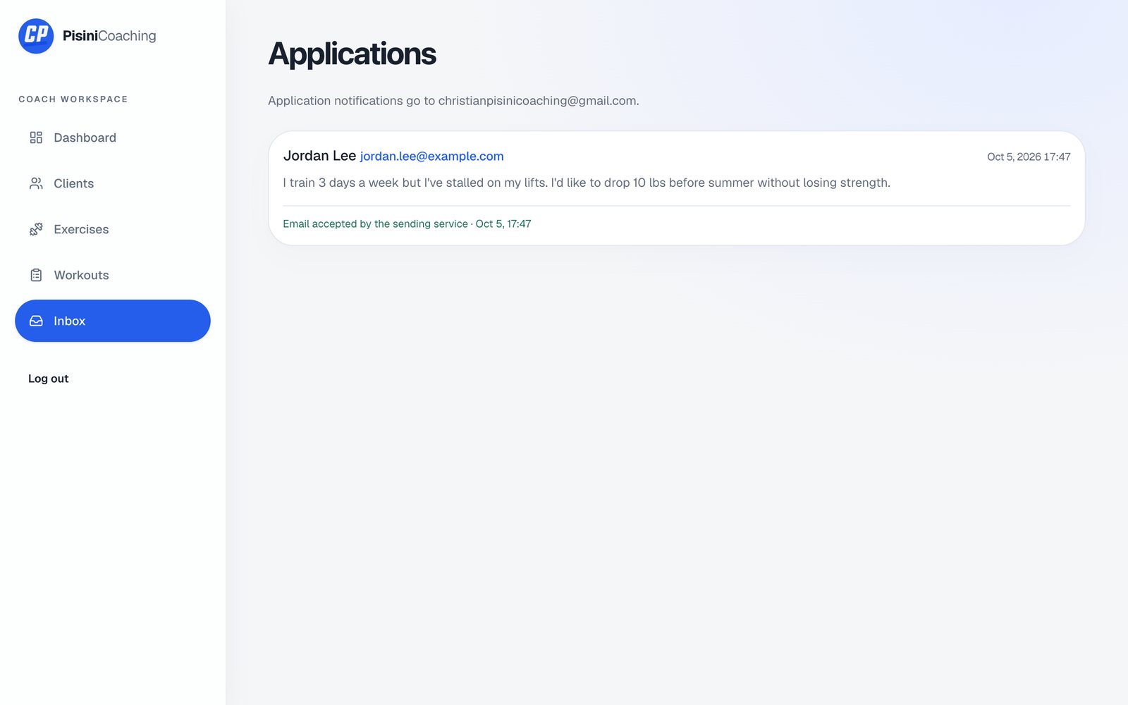 Christian Pisini Coaching admin portal, Applications inbox screen, demo data