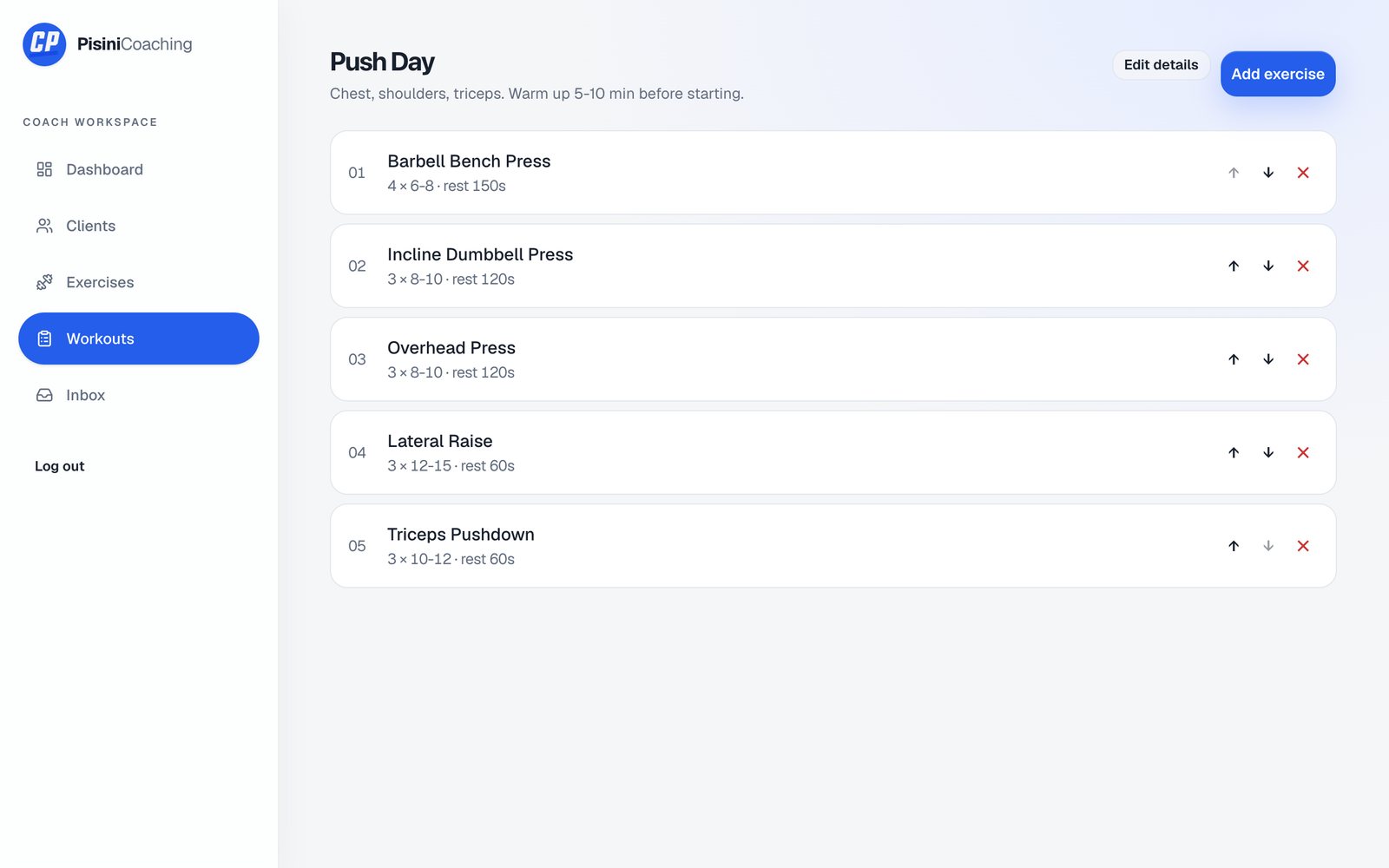 Christian Pisini Coaching admin portal, Workout templates screen, demo data