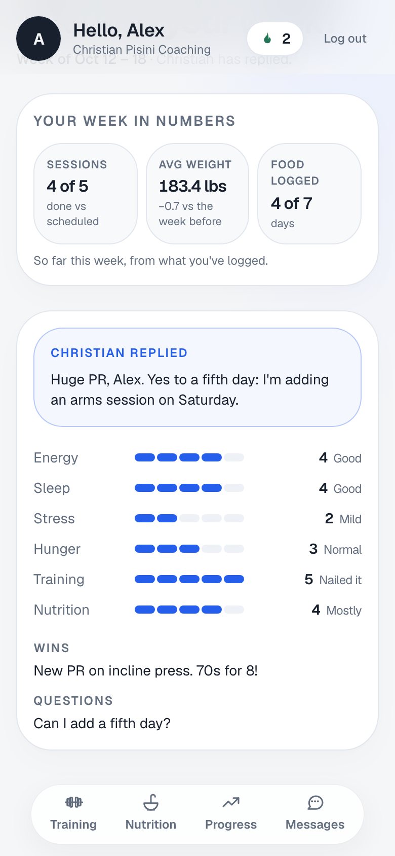 Client app, Weekly check-in screen, demo data