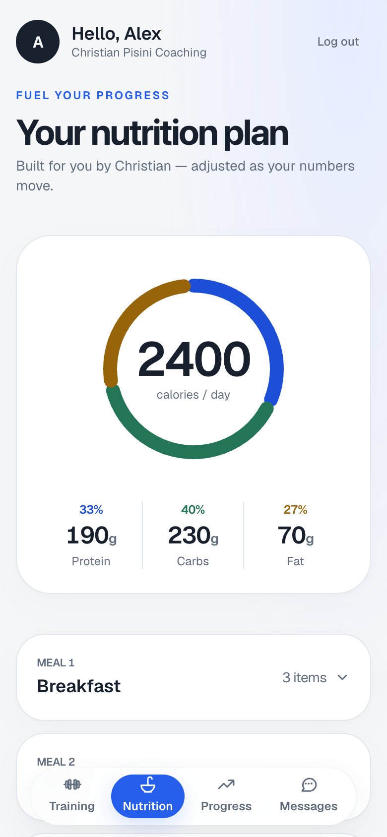 Christian Pisini Coaching client app, Nutrition screen, demo data