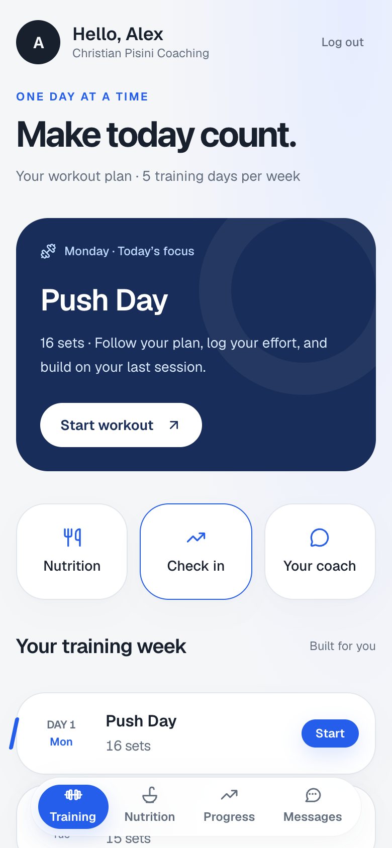Christian Pisini Coaching client app, Today screen, demo data