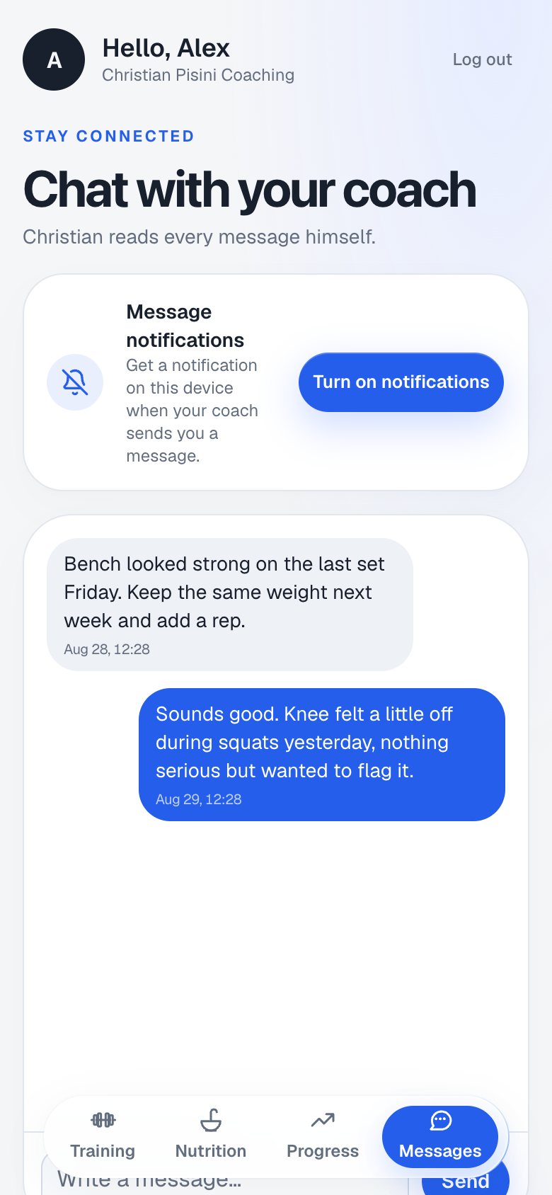 Christian Pisini Coaching client app, Coach chat screen, demo data
