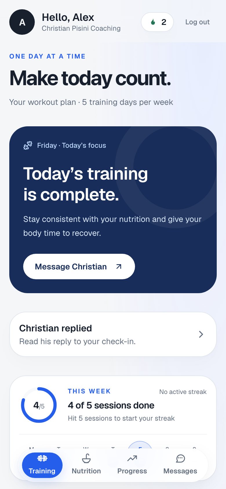 Client app, Today screen, demo data
