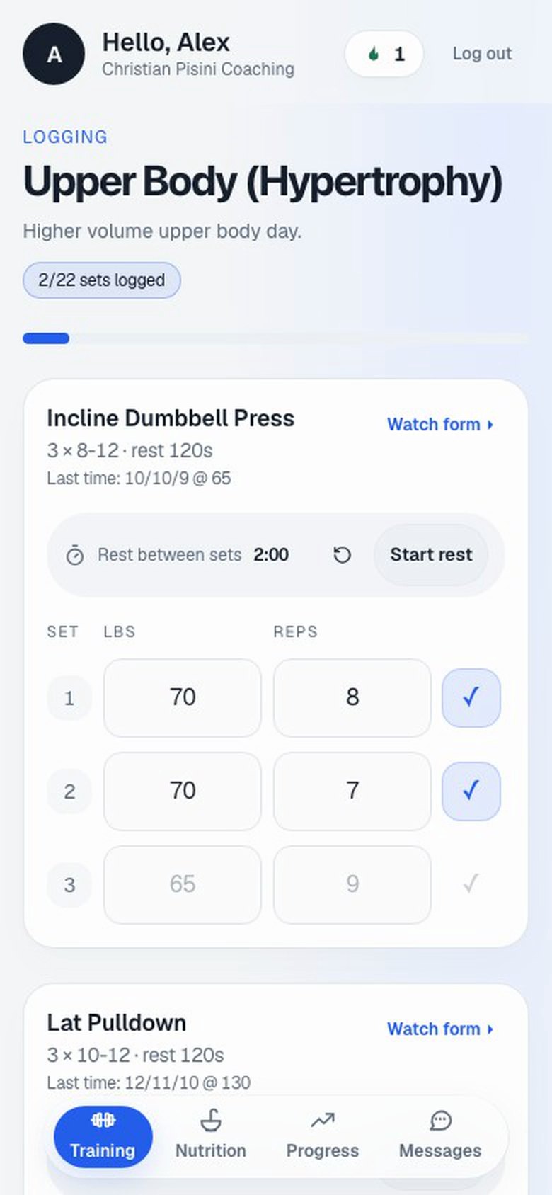 Client app, Log a workout screen, demo data