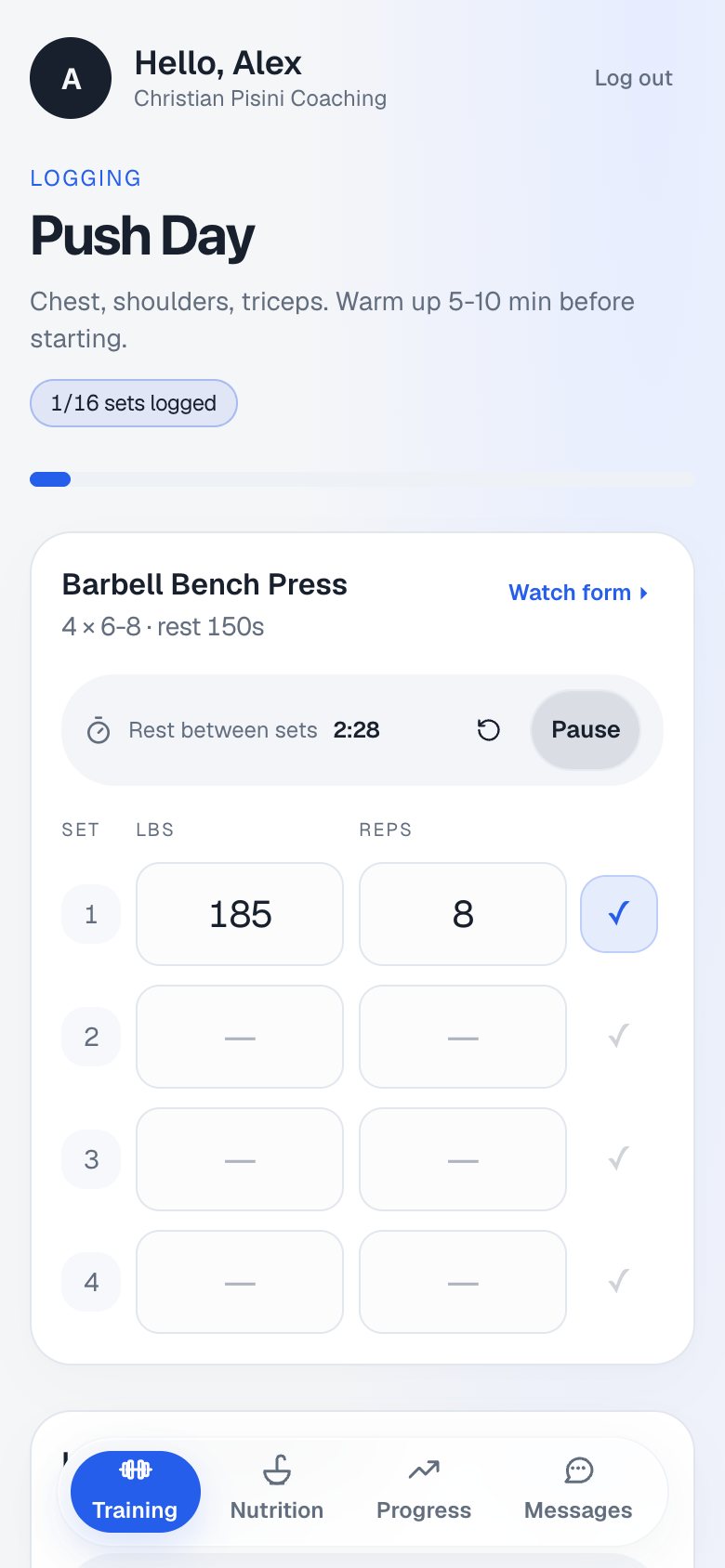 Christian Pisini Coaching client app, Log a workout screen, demo data