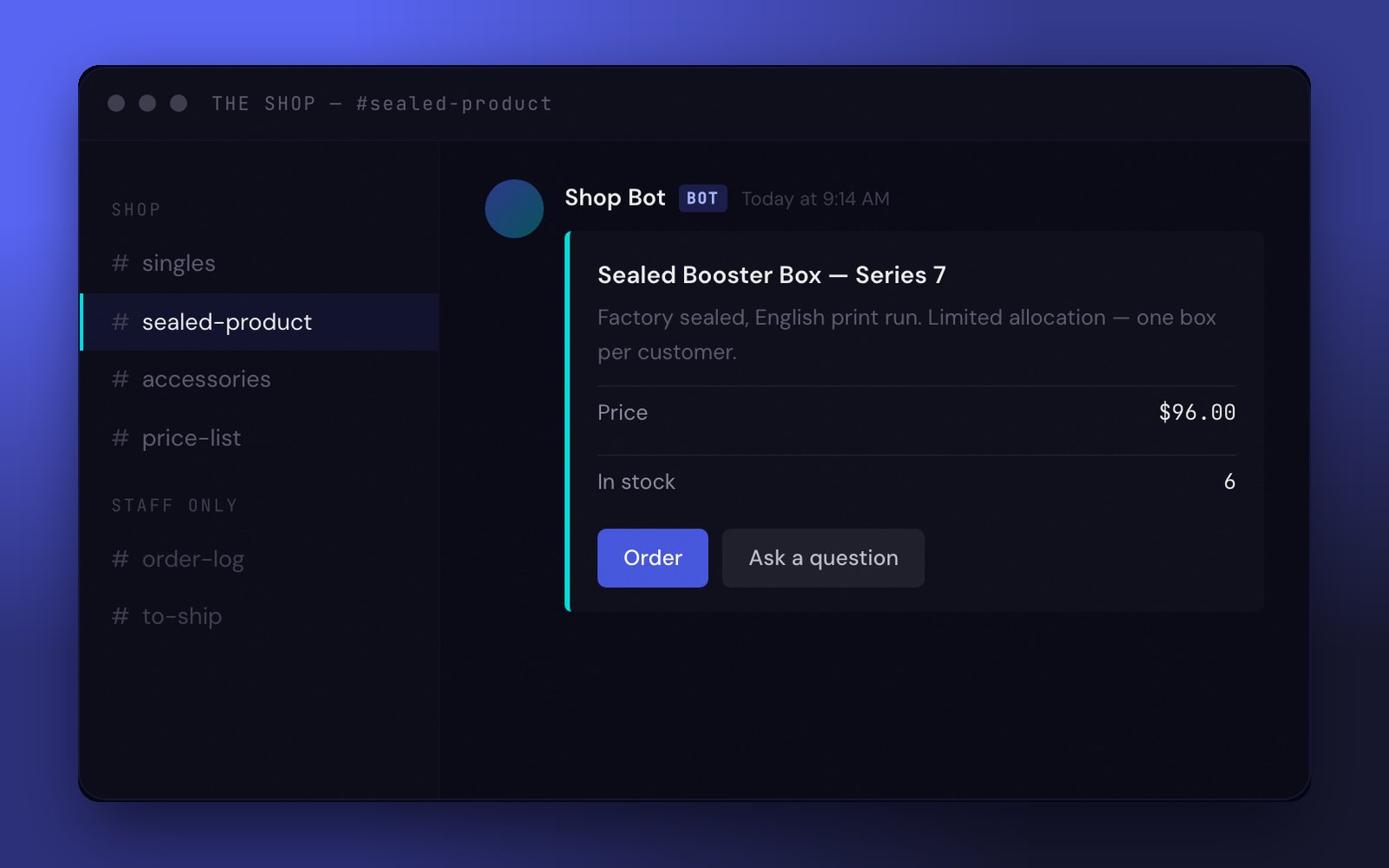 Discord storefront: a product drop posted by the shop bot