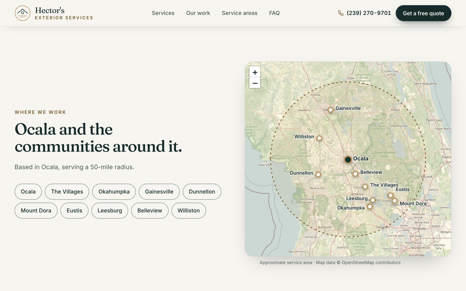 Hector's Exterior Services website on desktop: Service area map