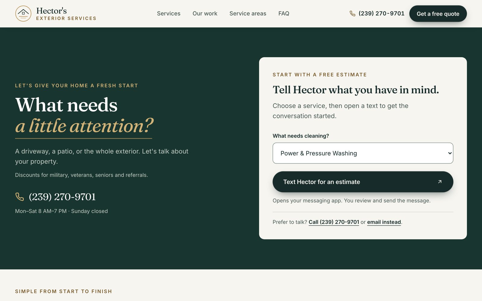 Hector's Exterior Services website on desktop: Estimate card