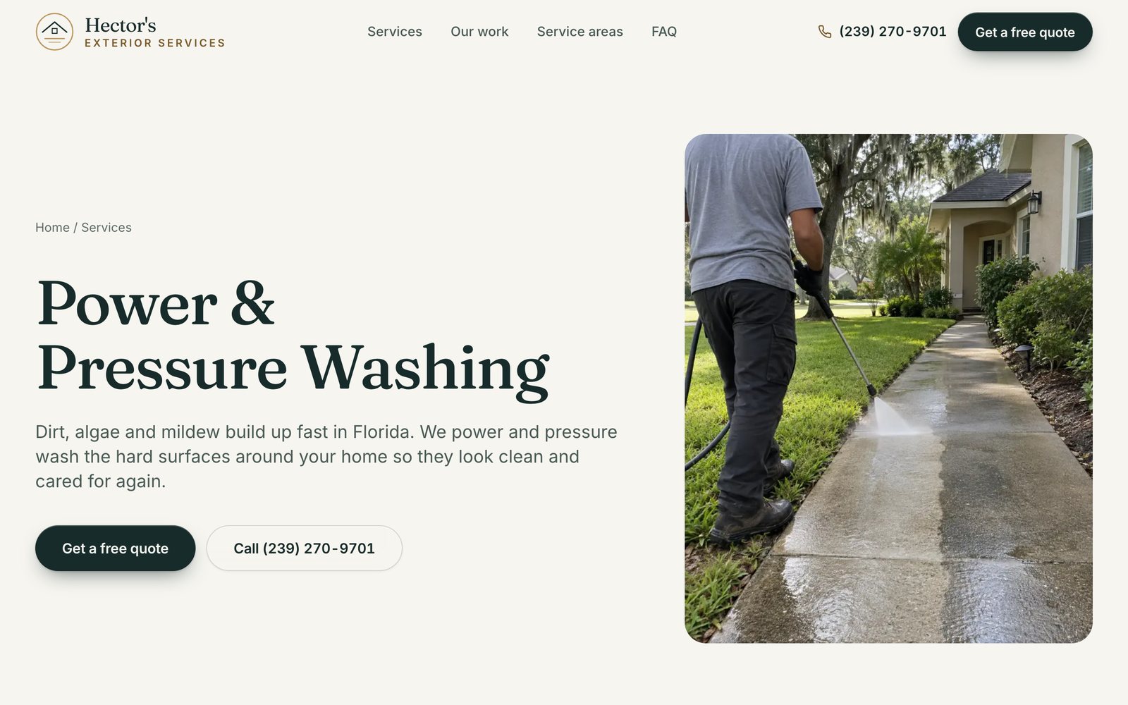 Hector's Exterior Services website on desktop: Pressure washing page