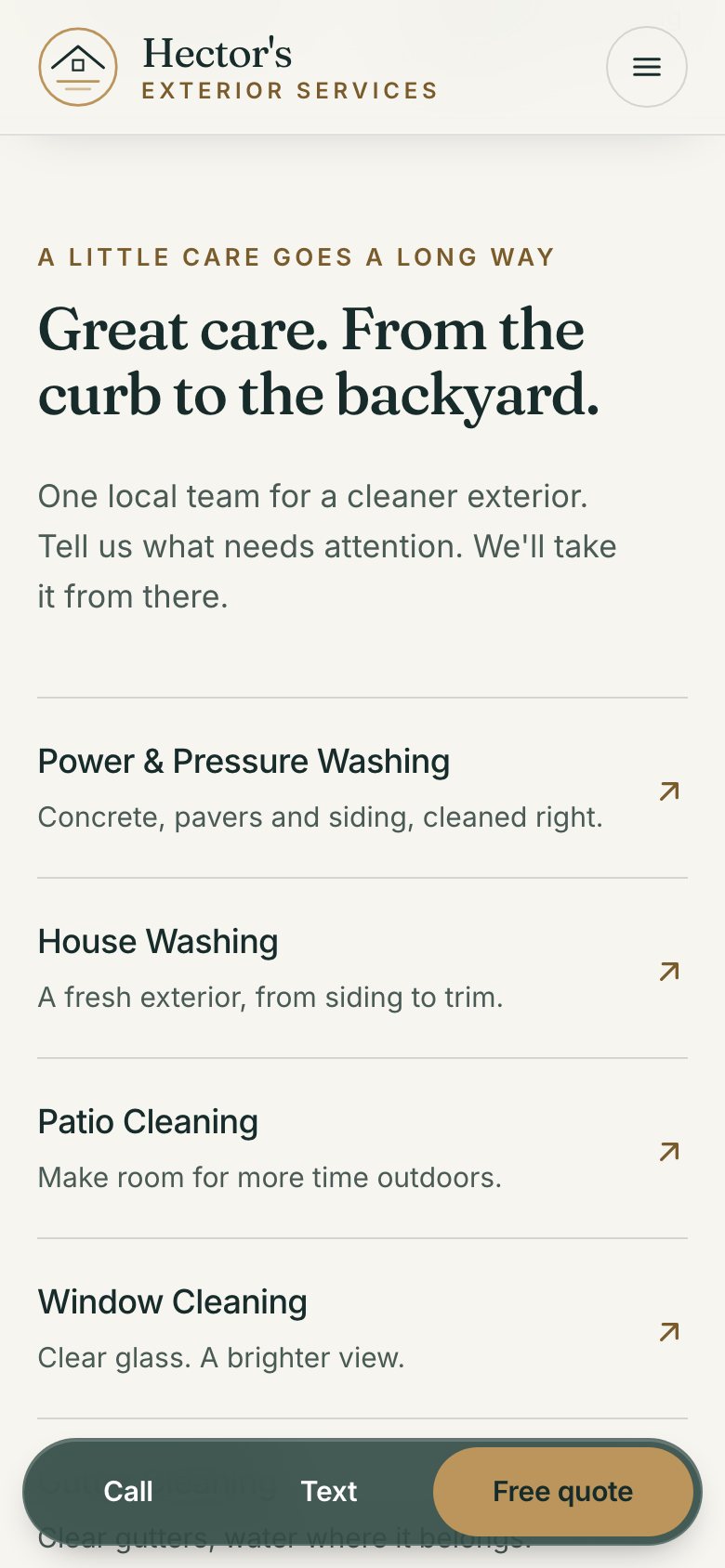 Hector's Exterior Services website on a phone: Services