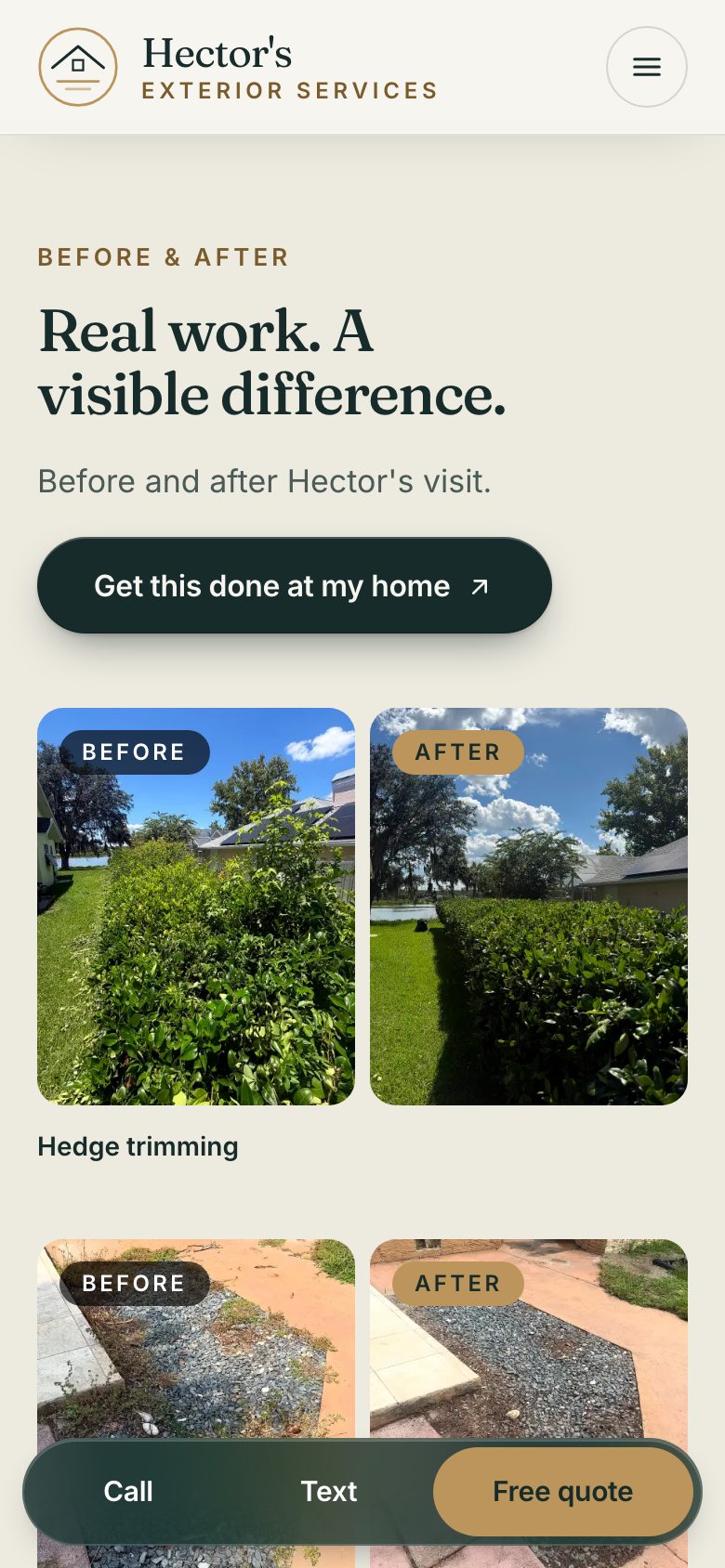 Hector's Exterior Services website on a phone: Before and after