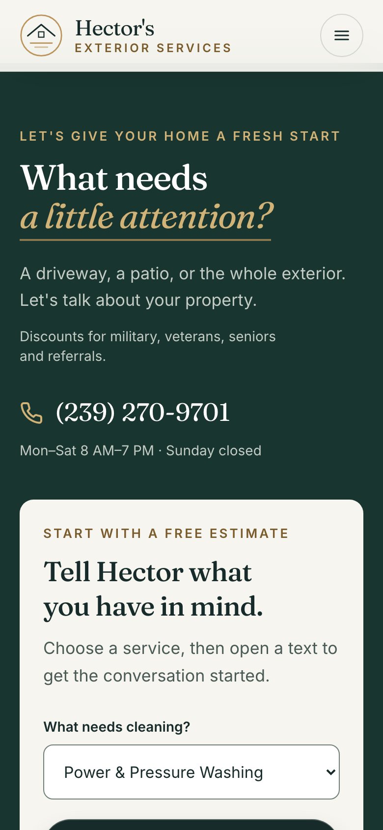 Hector's Exterior Services website on a phone: Text for an estimate
