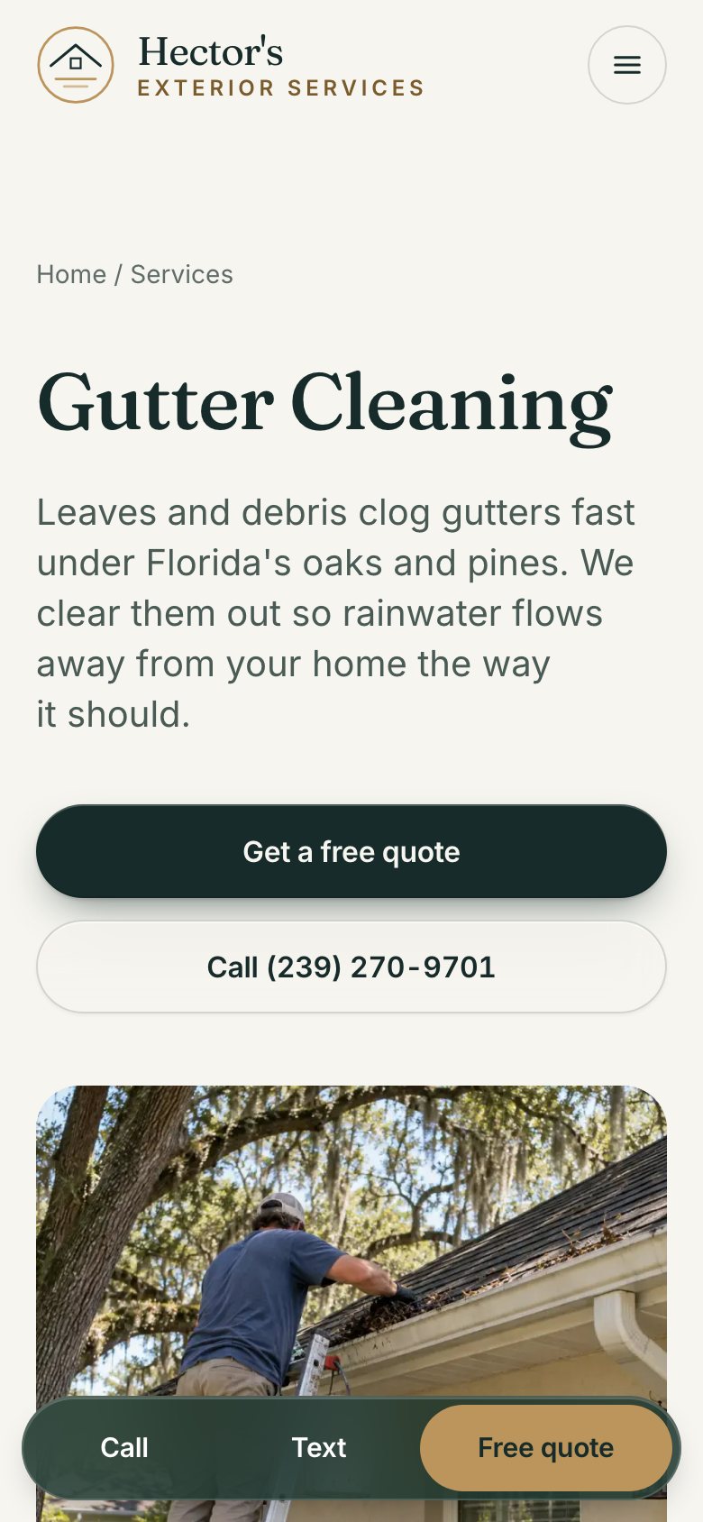 Hector's Exterior Services website on a phone: Gutter cleaning page