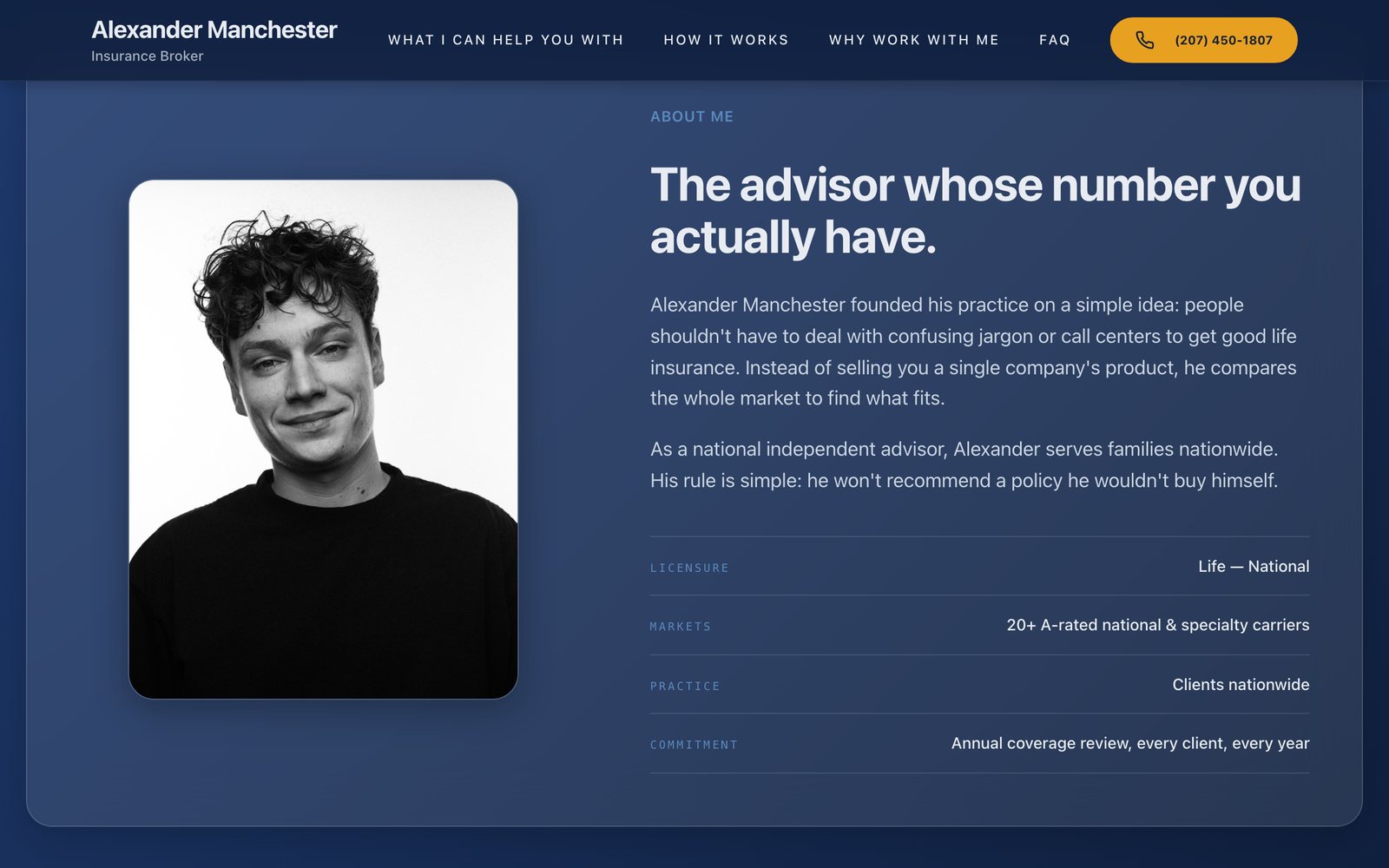 Manchester Life Solutions website on desktop: About Alexander