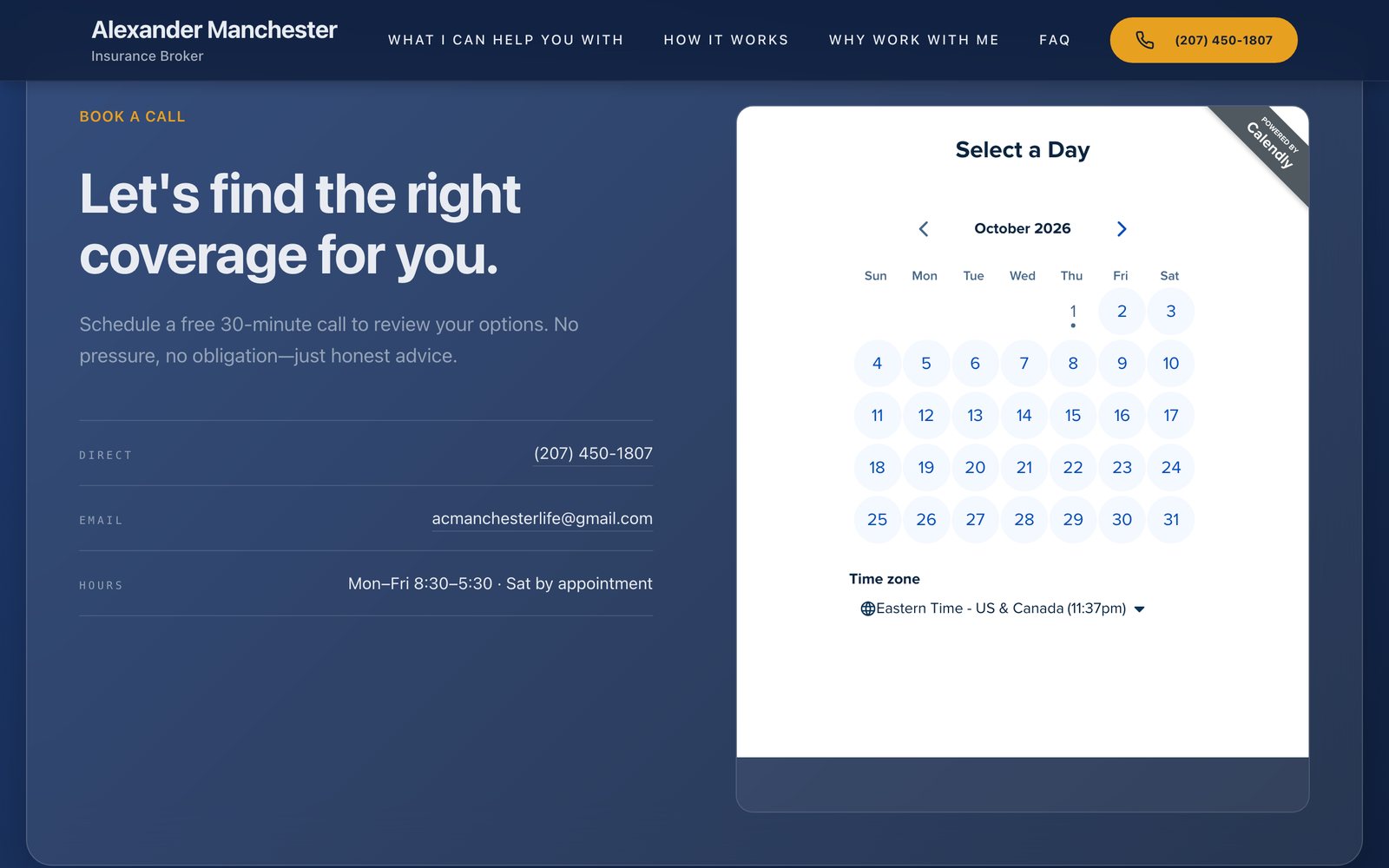 Manchester Life Solutions website on desktop: Book a call