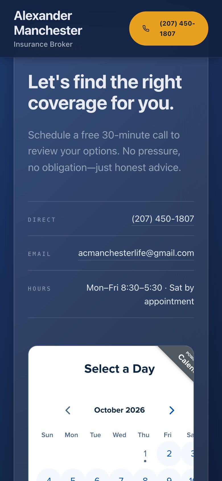 Manchester Life Solutions website on a phone: Book a call