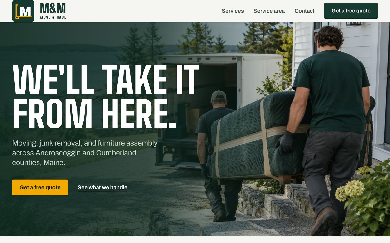 M&M Move & Haul website on desktop: Home hero