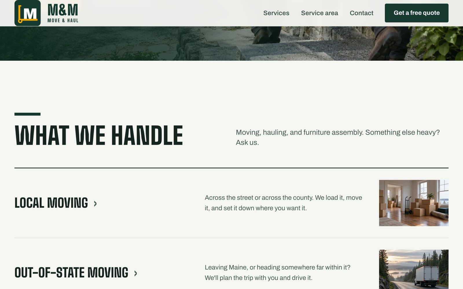 M&M Move & Haul website on desktop: Services index