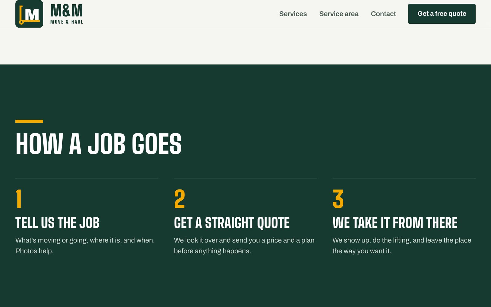 M&M Move & Haul website on desktop: Three-step process