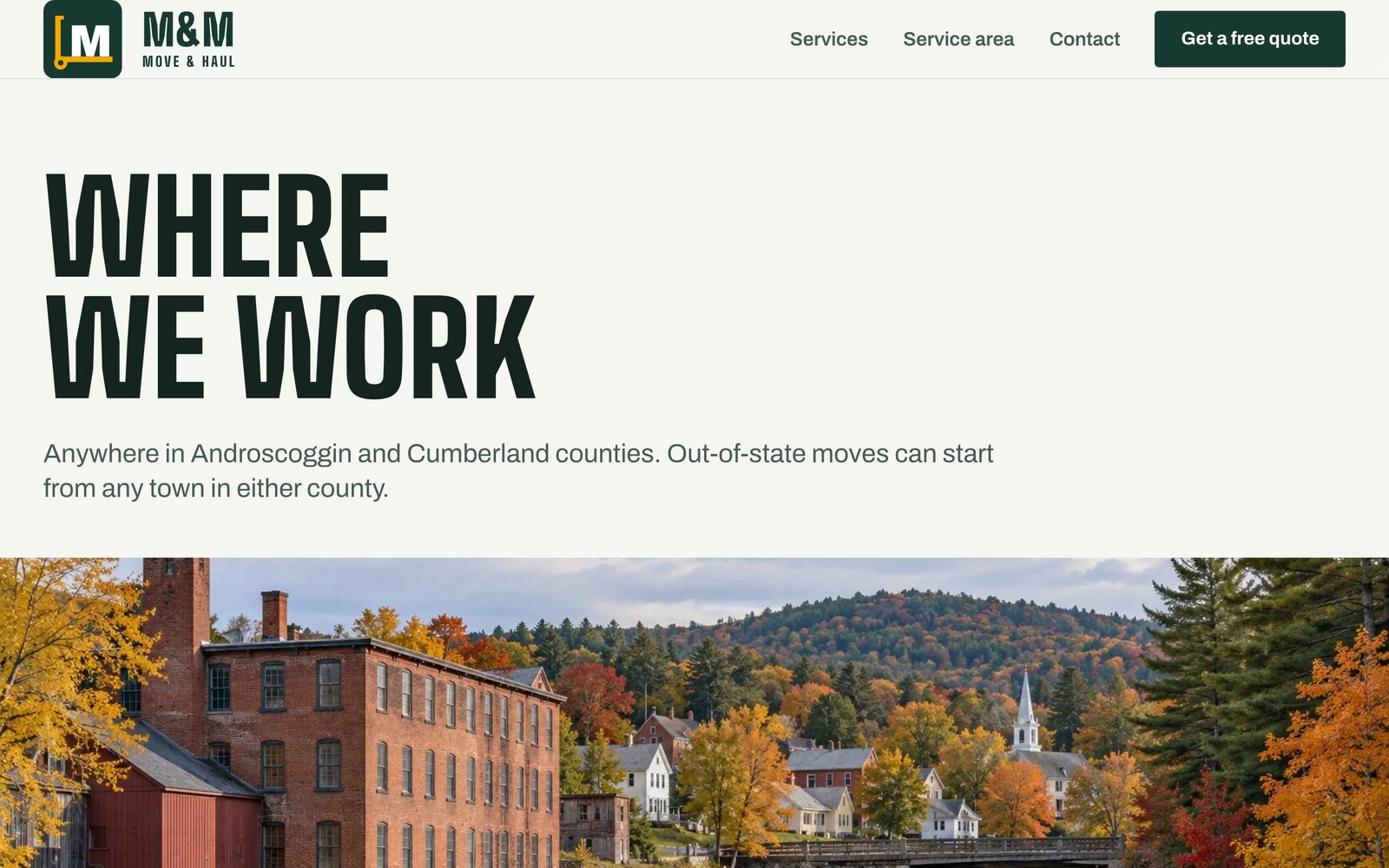 M&M Move & Haul website on desktop: Service area page