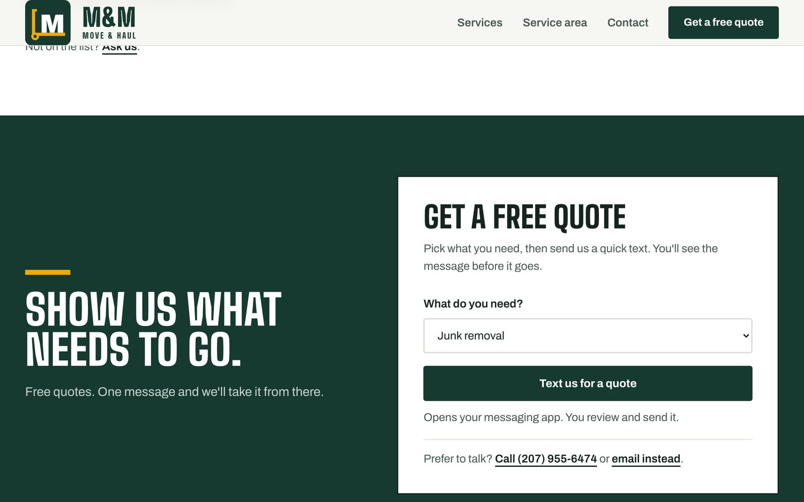 M&M Move & Haul website on desktop: Junk removal quote card