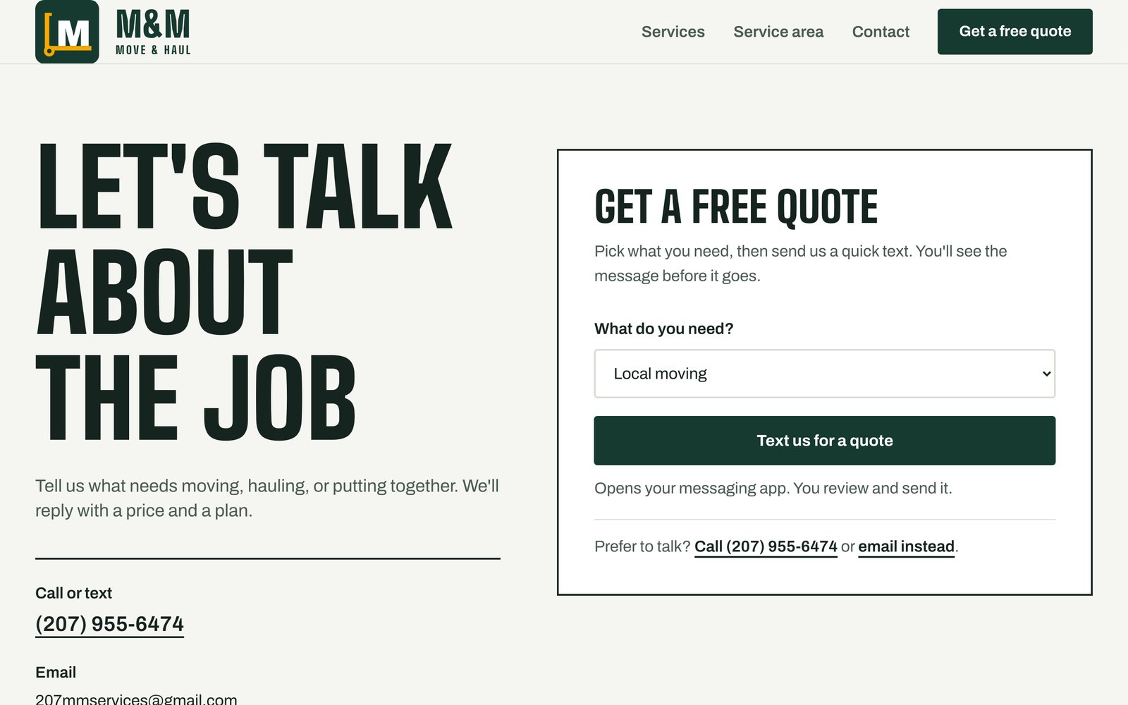 M&M Move & Haul website on desktop: Contact page
