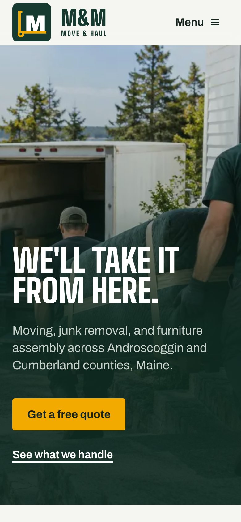 M&M Move & Haul website on a phone: Home hero