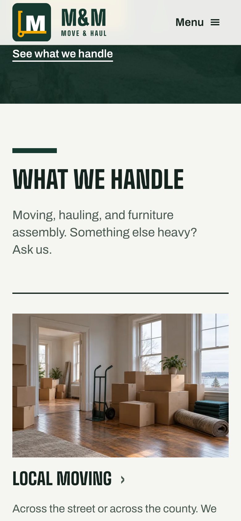 M&M Move & Haul website on a phone: Services index