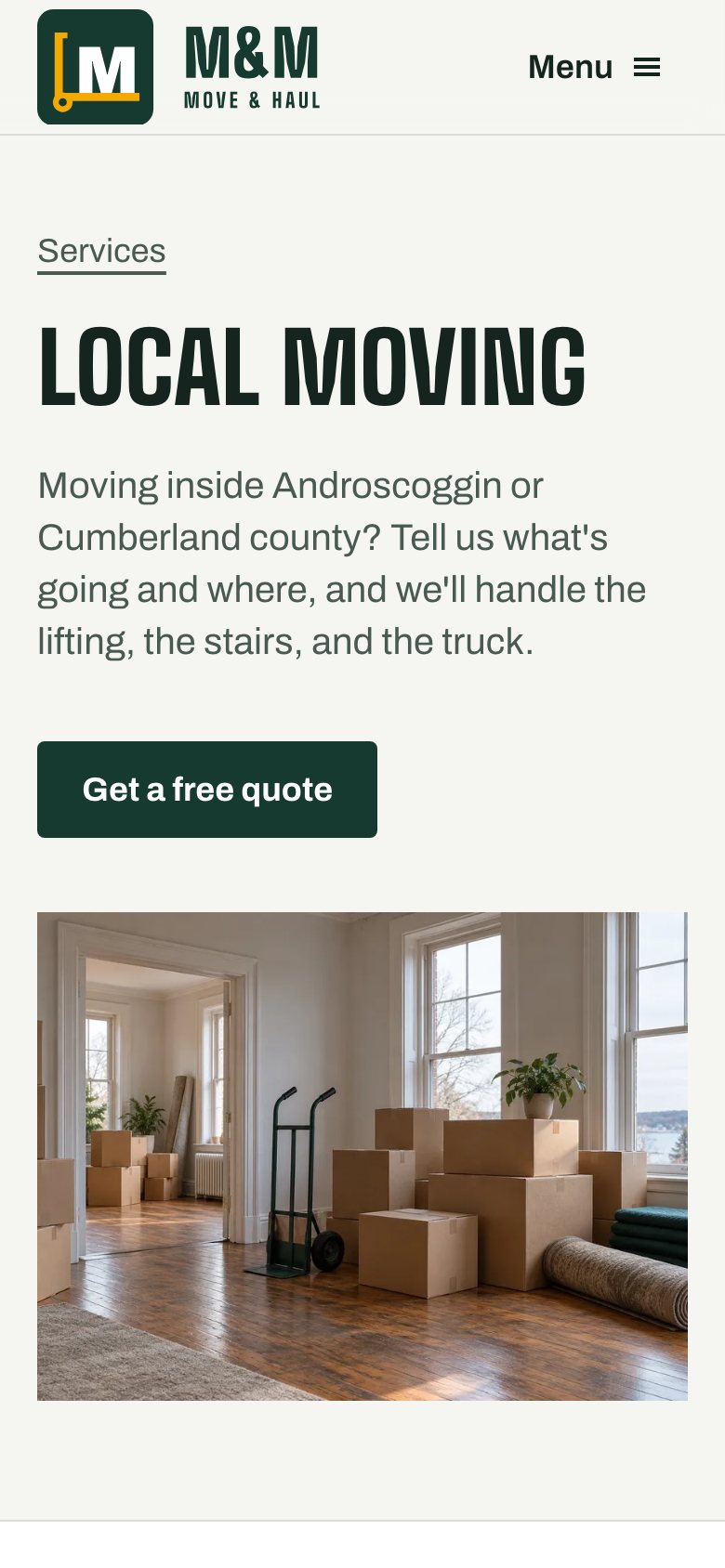 M&M Move & Haul website on a phone: Local moving page