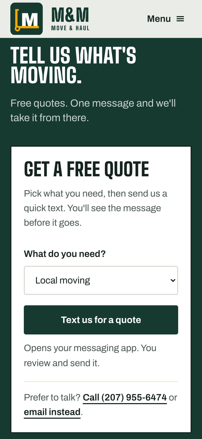 M&M Move & Haul website on a phone: One-tap quote card